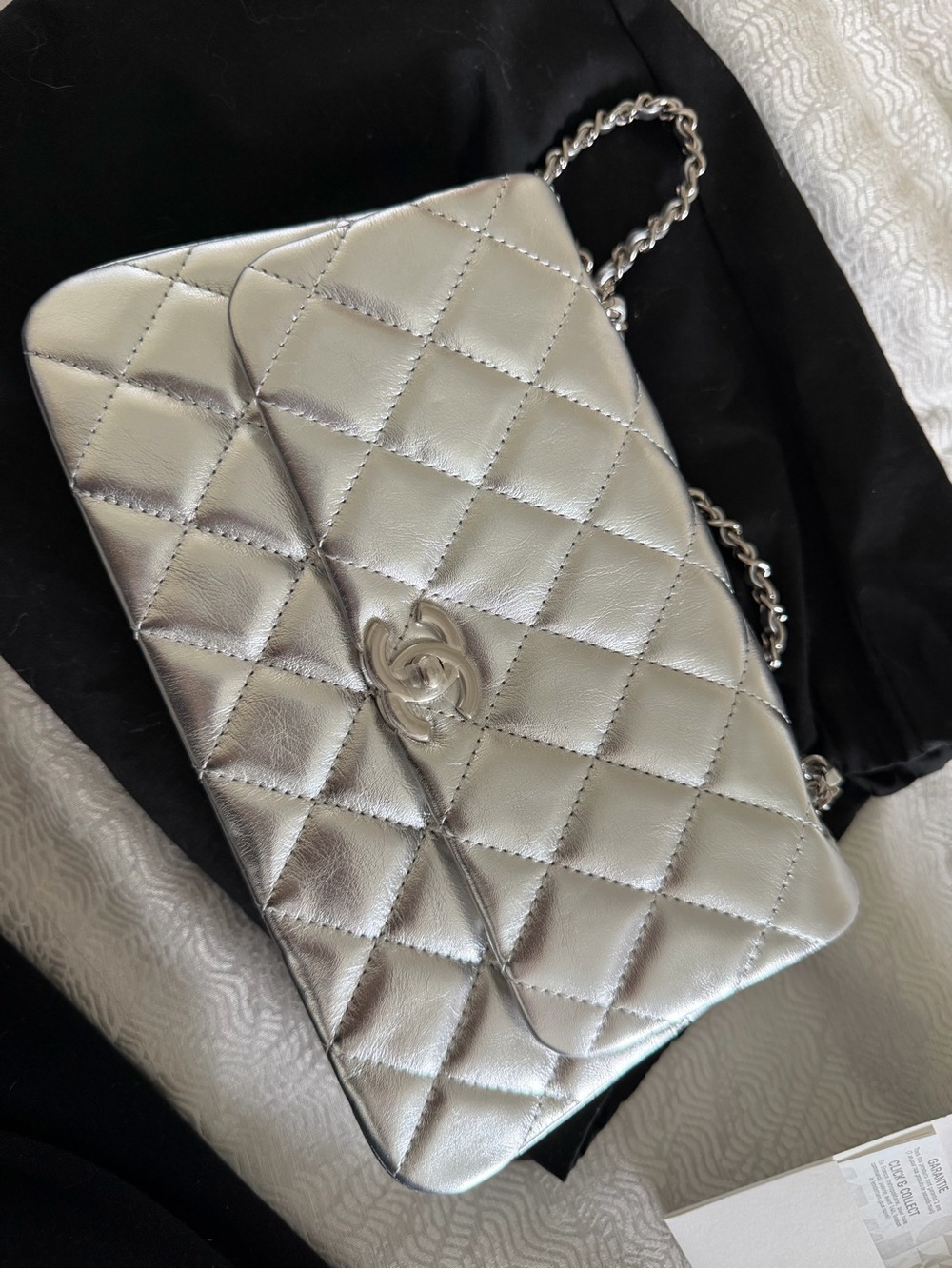 CHANEL Silver Quilted Lambskin Flap Bag with original pouch